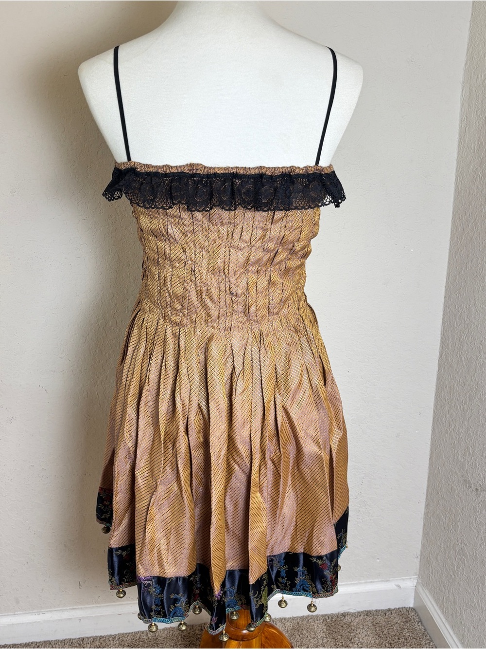 Handmade Boho Mini Dress Brown Black Lace Smocked Beaded Retro Festival Medium - Picture 4 of 7